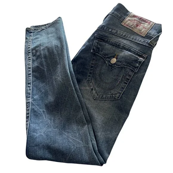 True Religion Distressed Blue Denim Flap Pockets Men's Classic Skinny Jeans W31 - Picture 5 of 7